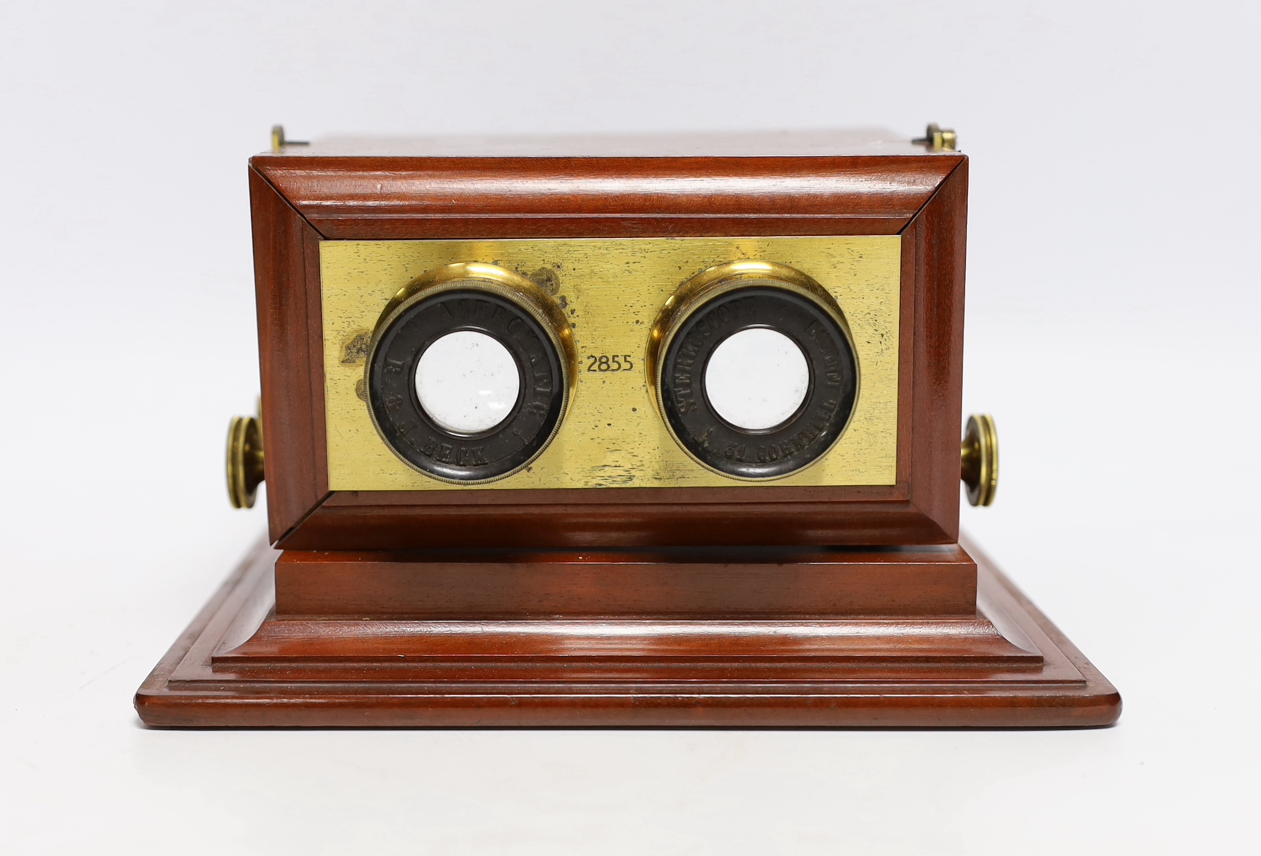 A Smith, Beck & Beck mahogany and brass stereoscope, c. 1860, 20.5cm x 18.5cm x 13.5cm (a.f.)